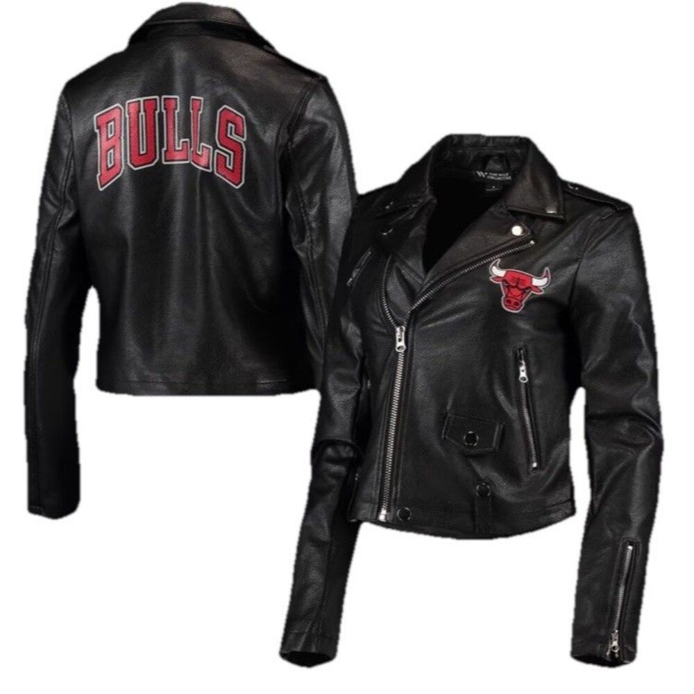 The Wild Collective NBA Chicago Bulls edgy Faux Leather Moto‎ jacket NWT Med